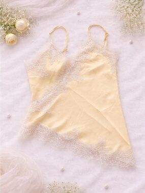 Lace-Trim Satin Chemise Slip in Cream